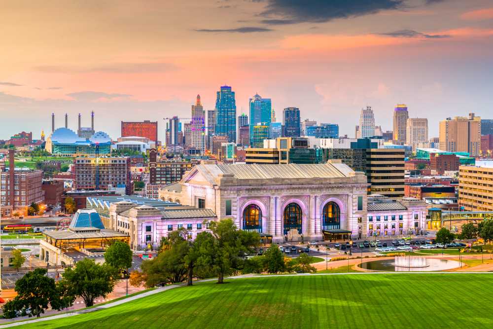 Kansas City Missouri Union Station with downtown buildings in background