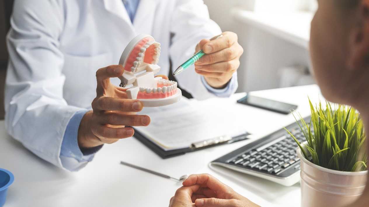 Man showing model of teeth to patient